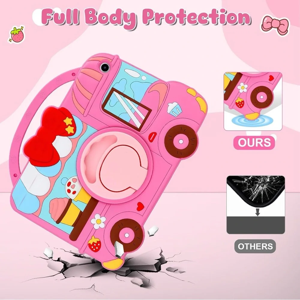 Galaxy Tab A9 Plus 11” Case Kids Pink w/ Strap Handle & Rotating Stand